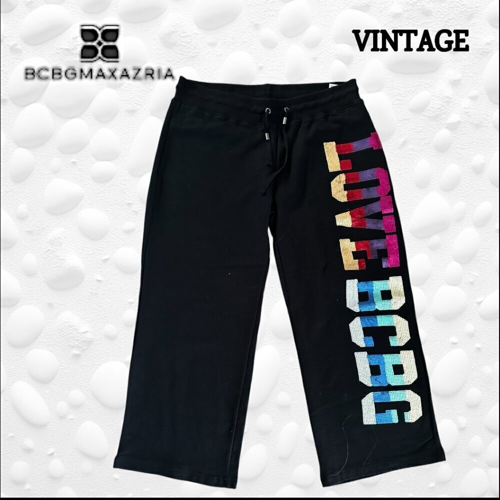 VINTAGE BCCG MaxAzria Black Lounge 3/4 length Sequin LOVE BCBG Logo Sweats - 30"